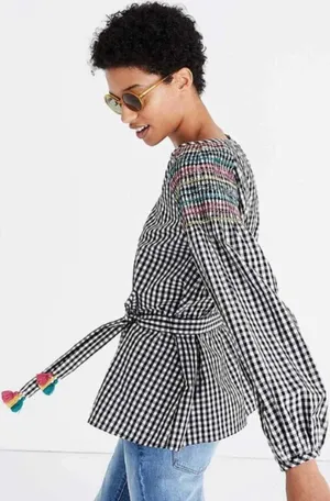 Madewell Boho Black‎ and White Checkered Top with Tie Waist L thumbnail 1