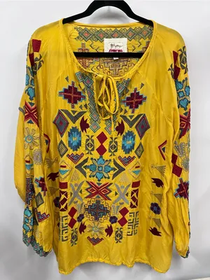 Biya Johnny Was golden Yellow Embroidered Boho long sleeve Top L blouse geometri thumbnail 1