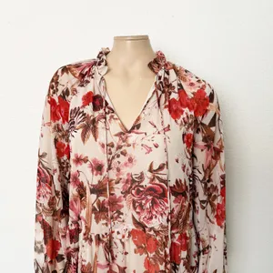 [H&M] Pink Floral Print V-Neck Tiered Chiffon Balloon Sleeve Mini Dress Size 6 thumbnail 3