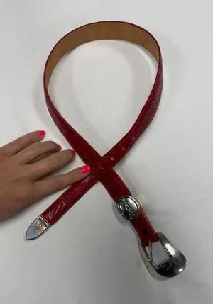 Vintage Red Embossed Leather Western Belt Silver Concho Buckle Made in USA Sz 26 thumbnail 1