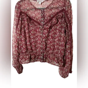 American Eagle Sheer‎ Floral Blouse Large Burgundy Long Sleeve Boho Peasant Top thumbnail 5