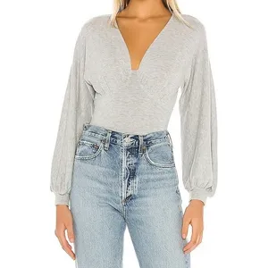 Majorelle Women Bodysuit Gray V-Neck Balloon Sleeve Knit Small thumbnail 2