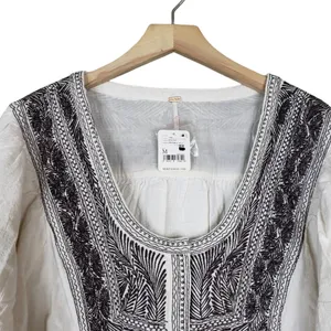 Free People Womens M Iggie Embroidered Blouse in Ivory/Black Bean NEW thumbnail 4