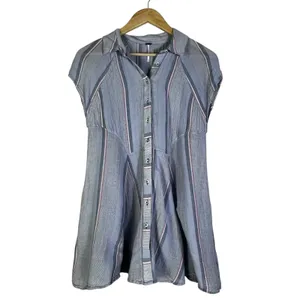 Free People New Spring Love Tunic Top Womens S Blue Striped Button Front Beachy thumbnail 3