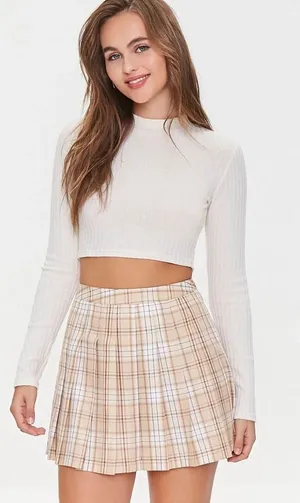 Plaid Pleated Mini Skirt Tan thumbnail 1