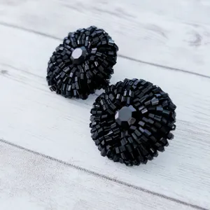 Vintage Clip On Earrings Large Black 1.25" Beaded Circle - One Damaged thumbnail 3