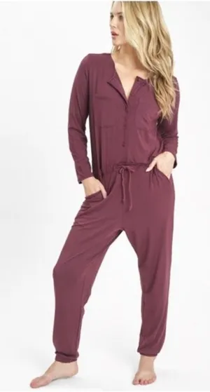 Lively Jumpsuit Pajamas‎ Sleepwear Burgundy Long Sleeve Drawstring Pockets L thumbnail 1