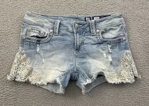Miss Me Y2K Low Rise Signature Denim Jean Shorts Crochet Boho Festival Women 29 thumbnail 1