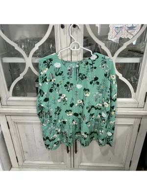 LOFT Floral Peplum Blouse Women XL Mint Green Long Balloon Sleeve Cottage Y2K thumbnail 4