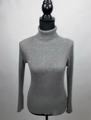 Turtleneck Sweater Grey Rib Knit Large Ambiance Apparel Stretch Top thumbnail 2