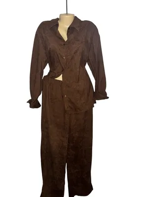 Corduroy Women's Brown Two-Piece Baggy Button Shirt & Wide-Leg Pants Set thumbnail 3