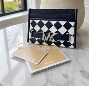 Michael Kors Reed Large Woven MK Card Holder Navy White NWT thumbnail 1