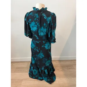 London Times Teal Black Floral Smocked Maxi Dress Puff Sleeve T6020M NWT Size 8 thumbnail 2
