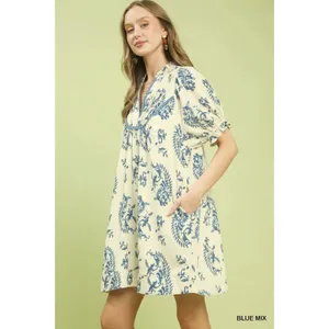Umgee Mix Paisley Scallop Trim Dress - Blue Mix - Small thumbnail 2