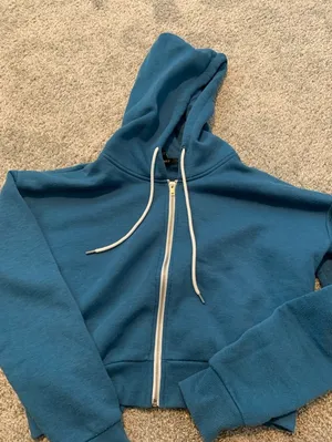 Blue Zip-Up Hoodie Forever 21 Cropped Jacket Women’s Size Large Teal EUC thumbnail 1