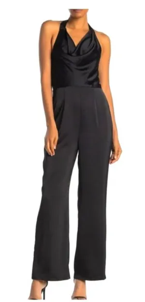 NEW 19 Cooper Black Satin Jumpsuit Halter Neck Cowl Night Out Club Large thumbnail 1