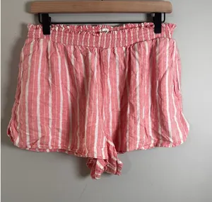 Aerie Pink‎ White Striped Linen Blend Smocked High Waist Shorts Womens Large thumbnail 1