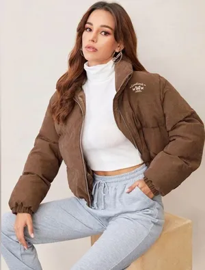SHEIN Drop Shoulder Butterfly Chest Crop Puffer Zip Up High Neck Coat Jacket S thumbnail 2