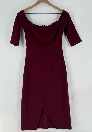 Lulus Burgundy Stretch Crepe‎ Off The Shoulder 3/4 Sleeve Faux Wrap Midi Dress thumbnail 1