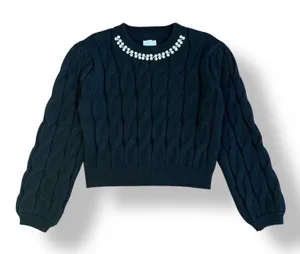 Lola Pearl Neck Cropped Sweater Womens‎ Size L Black Preppy thumbnail 1