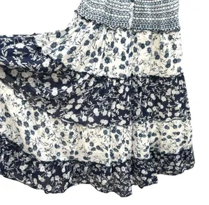 Mixed floral print boho smocked shirred midi maxi patchwork navy white dress thumbnail 4