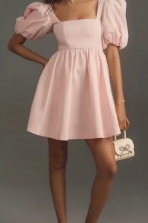 Anthropologie Puff Sleeve Square-Neck Mini Dress in Blush Pink thumbnail 1