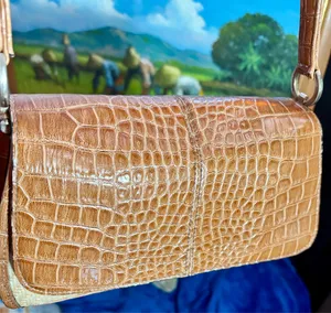 Liz Claiborne VTG 90s Boho Croc Embossed Synthetic Leather & Woven Straw Shoulder Bag thumbnail 7