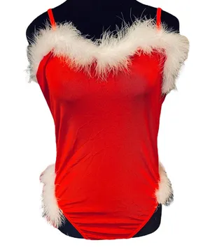 Christmas Santa Baby Holiday Stretch Sheer Mesh Feather Sexy Lingerie Bodysuit thumbnail 1