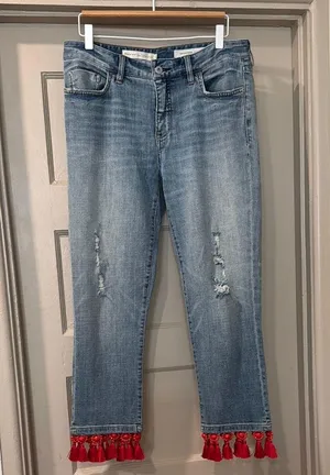 Anthropologie Pilcro Slim Boyfriend Jeans with Red Tassels thumbnail 2