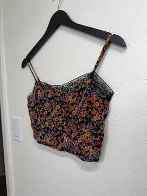 Papaya Floral Black Lace Trim Cami Crop Top Womens Small thumbnail 2