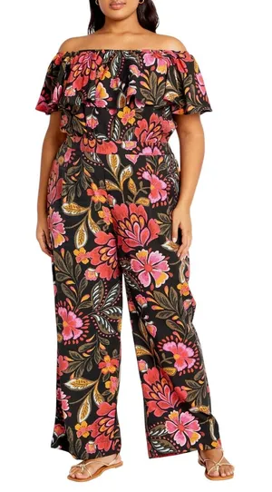 NWT City Chic Floral Print Off The Shoulder Jumpsuit Pink Black Orange Size 14 thumbnail 1
