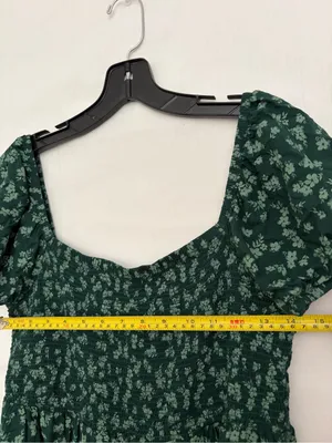 SO Dark Green Floral Smocked Puff Sleeve Dress Size L Excellent(A825) thumbnail 4