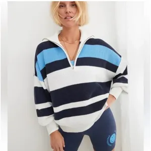Aerie Oversized Blue & White Striped Quarter Zip Sweater thumbnail 2