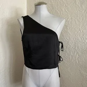 Motel Rocks Floella Asymmetrical Top Black Satin One Shoulder Tie Side NWT Medium thumbnail 5