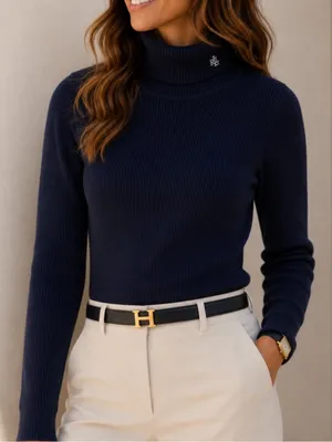 Ralph Lauren Navy Sweater Women’s Size Medium Turtleneck Cotton Luxury Old Money thumbnail 1