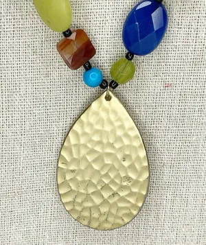 Chicos Colorful Beaded Gold Tone Hammered Teardrop Pendant Necklace ✨ thumbnail 3