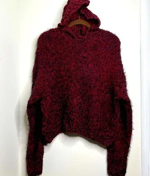 Lira Oversized Chunky Knit Hooded Sweater Women’s Size Large Boxy Fit Red Black thumbnail 1
