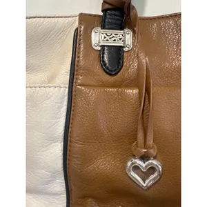 Brighton Tri-Color Leather Tote Bag Brown Cream Black Heart shoulder purse thumbnail 3