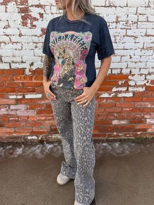 Wild & Free Graphic Boyfriend Tee Size Medium Mineral Wash Leopard Relaxed Fit thumbnail 8