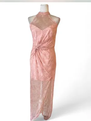 NBD Revolve Dusty Pink Lace Halter Gown Cottagecore Barbie Formal Dress M Prom thumbnail 2