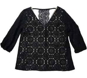 Skies Are Blue Womens Elegent Black Floral Lace Boho Nude Lining V-Neck Blouse L thumbnail 1