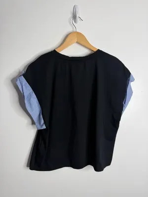 Zara Black Top Blue‎ Stripe Ruffle Sleeve Statement Minimal Chic Large Preppy thumbnail 3