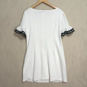 ELLE Shift Dress White Ruffle Eyelet Sleeve Textured Pique Stretch Bride Grad L thumbnail 3