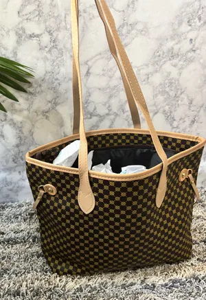 Brown Monogram Print Tote Bag with Beige Handles thumbnail 1