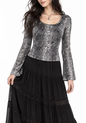 Guess Vintage 80s Snake Print Velvet Bell Sleeve Top Whimsigoth Goth Grunge Gray thumbnail 1