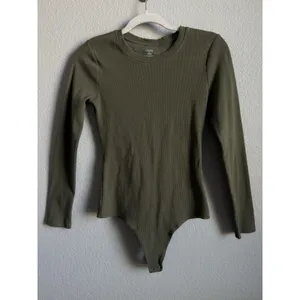 Nuuds Long Sleeve Cotton Jersey Crew Neck Thong Style Bodysuit Dark Olive Size M thumbnail 4