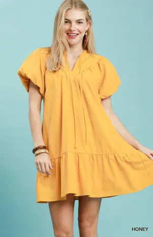Umgee Flutter Sleeve Tassel Tie Ruffle Hem Mini Dress - Honey - Small thumbnail 1