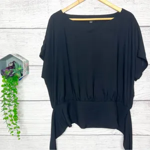 Ann Taylor Black Boatneck Dolman Sleeve Smocked Waist Tie Back Top Size Large thumbnail 3