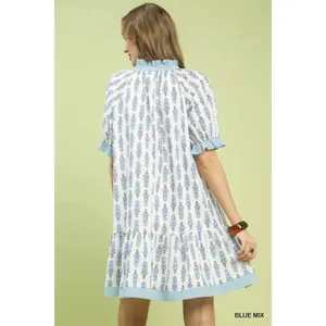 Umgee Striped Trim Floral Tiered Mini Dress - Blue Mix - Medium thumbnail 3