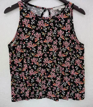 Loft Tank Top Sz M Black multicolor flowers back keyhole gold button thumbnail 1